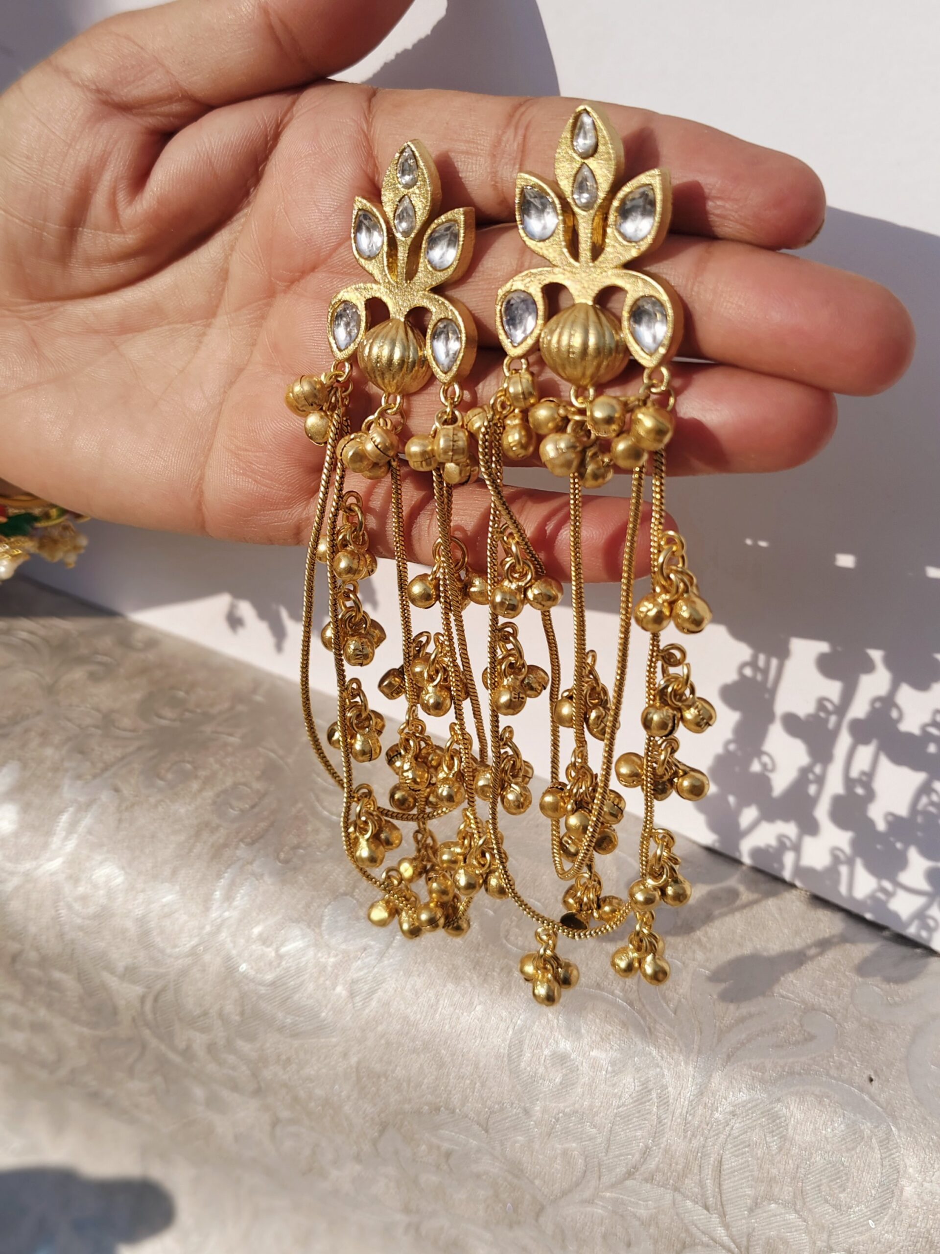 Royal Kashmiri Ghungru Pachi Kundan & Mona Lisa Stone Earrings - Image 3