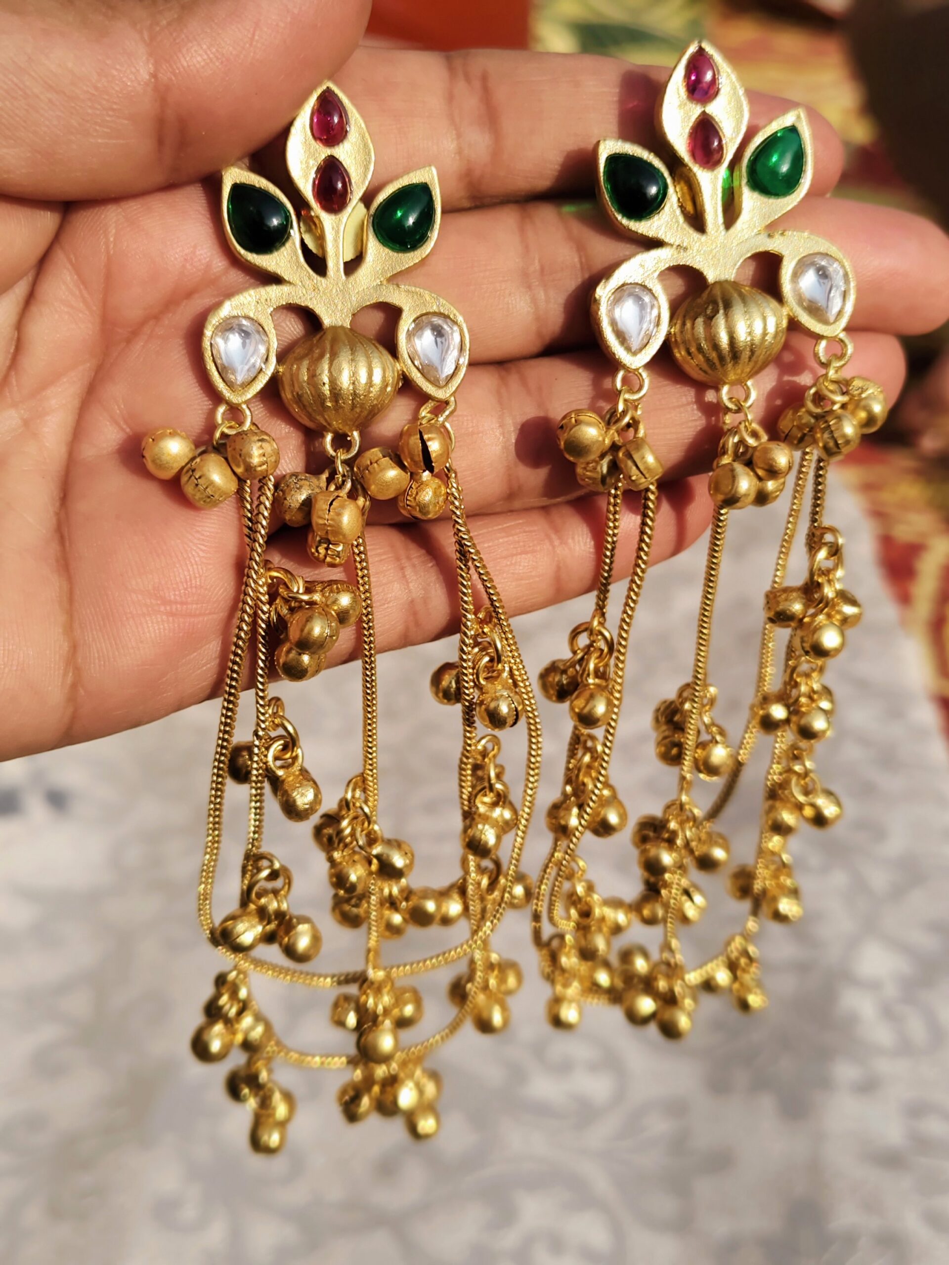 Royal Kashmiri Ghungru Pachi Kundan & Mona Lisa Stone Earrings - Image 2